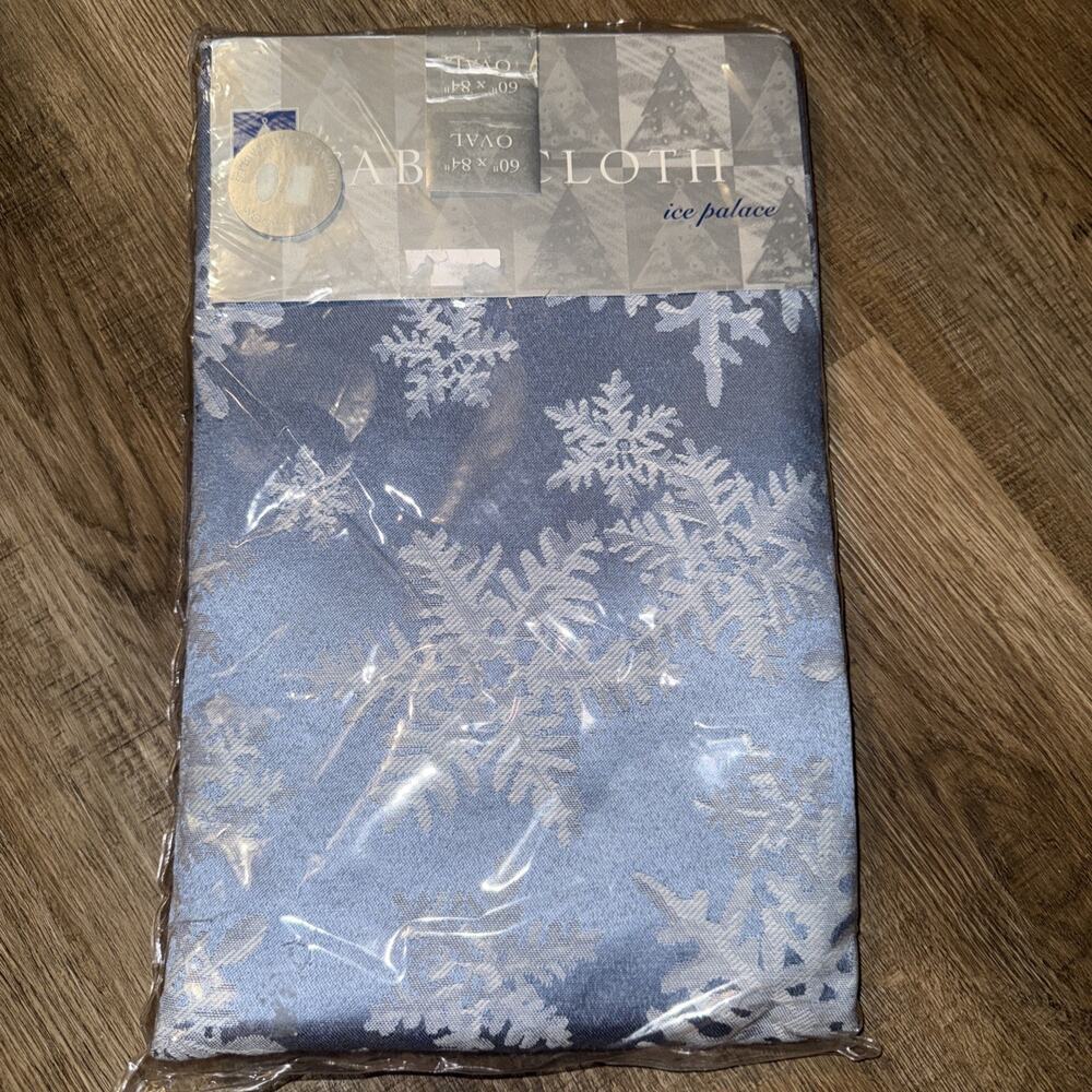 New Christmas “Ice Palace" Tablecloth Festive Blue, White snowflakes. 70" Rect